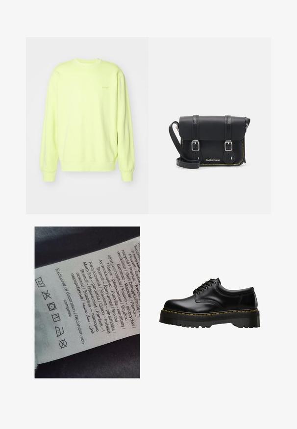 Fényes sárga pulóver, puha anyagból készült, kerek nyakkivágással, hosszú ujjal és bordázott mandzsettával. Diszkrét logó az elején.; Címke többnyelvű szöveggel, ápolási szimbólumokkal és újrahasznosítási ikonokkal, puha szövethez hasonló anyagra nyomtatva, világos színben.; Fekete bőr fűzős cipő, vastag, fogazott fekete gumitalppal és sárga varrással a széleken, sima felülettel.; Fekete bőr keresztbody táska hajtóka, két ezüst csattal, sárga varrással és állítható pánttal. Simább textúrával és kompakt formatervezéssel rendelkezik.