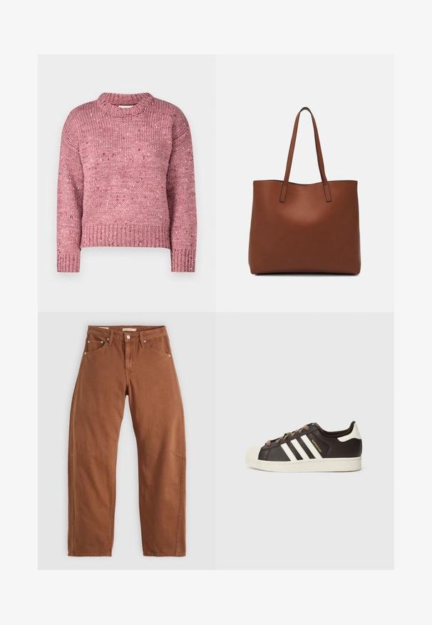 Suéter de punto rosa claro con cuello redondo, puños y dobladillo acanalados, que presenta un patrón texturizado y manchas de rosa más oscuro en todo su diseño.; Jeans rectos color marrón óxido con bolsillos frontales y traseros, remaches de metal, cierre de botón y trabillas para el cinturón, colocados sobre un fondo blanco.; Zapatilla baja Adidas Superstar en cuero marrón oscuro con puntera en forma de concha de color crema, rayas blancas y texto "Superstar" en el lateral.; Bolso tote de cuero marrón con una textura suave, diseño de apertura superior y dos correas para el hombro. Presenta una costura mínima y sin herrajes visibles.