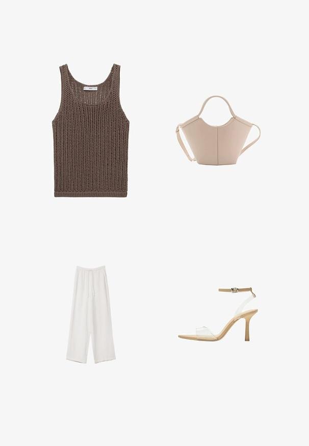 Top in maglia marrone con vestibilità ampia, scollatura larga e texture a trama aperta. Presenta un orlo dritto e un'etichetta di branding minima.; Pantaloni a gamba larga bianchi realizzati in un tessuto leggero. Presentano una vita elastica con cordoncino e tasche laterali. Texture liscia.; Sandal con tacco trasparente e parte superiore trasparente, plantare beige e una sottile cinghia alla caviglia. Presenta una punta appuntita e un tacco alto e sottile.; Borsa in pelle beige con una forma unica, caratterizzata da due manici corti e una lunga tracolla regolabile. Texture liscia con hardware minimale.