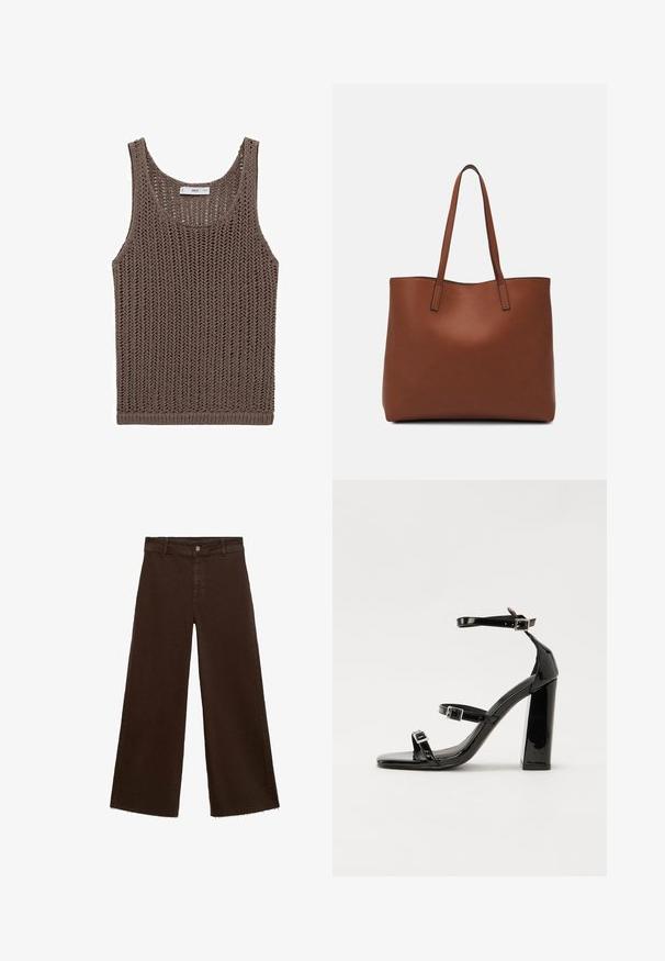 Brun strikket tanktop med løst fit, bred halsudskæring og åben vævning. Har en lige kant og et minimalt brandmærke.; Brune viddebukser i en bomuldsblanding, med en frynset kant, frontknaplukning og klassisk fem-lomme design. Minimalistiske og alsidige.; Sorte patenterede hælsandaler med firkantet tå, ankelremme og sølvspænder. Har en chunky blokHæl for stabilitet.; Brun læder tote taske med en glat overflade, åben topdesign og to skulderremme. Har minimal syning og ingen synlig hardware.