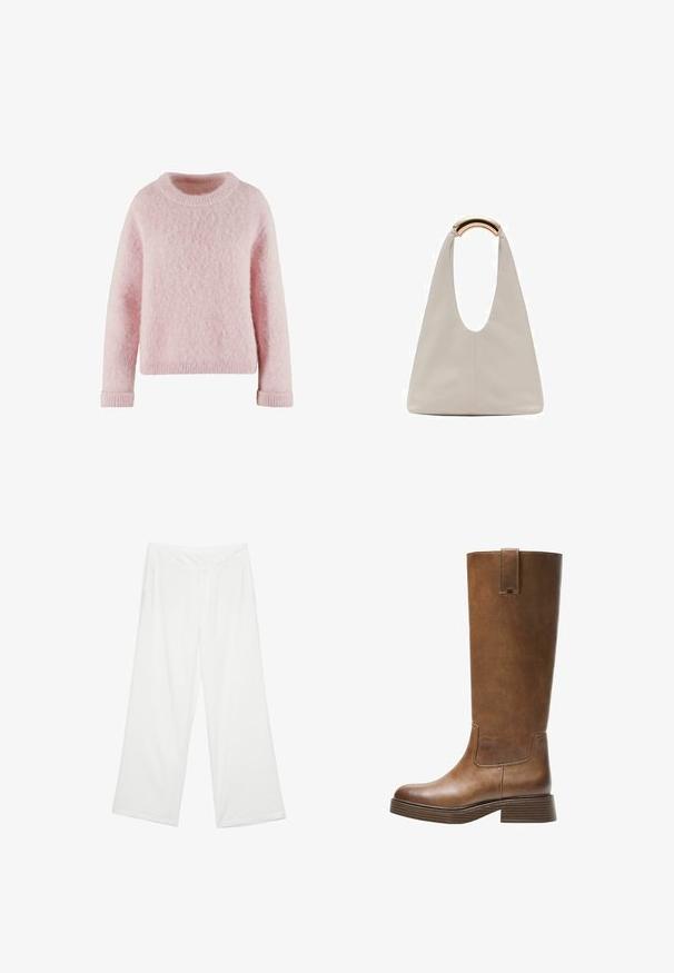 Svetlo roza pulover iz mehkega, puhastega materiala. Ima okroglo izrez in rebraste manšete. Preprost, udoben dizajn brez vzorcev.; Široke hlače iz belega blaga, ki se ponašajo z gladko teksturo, sprednjimi žepi in klasičnim pasom z zankami za pas.; Bralne usnjene škornje do kolen z zaobljenim nosom, teksturirano površino in nizkim platiščem. Imajo stranski panel in zanko za poteg na vrhu.; Svetlo siva usnjena torba z U-oblika zasnovo in ukrivljenim kovinskim ročajem. Gladka tekstura z minimalnim šivom in brez vidnih vzorcev.