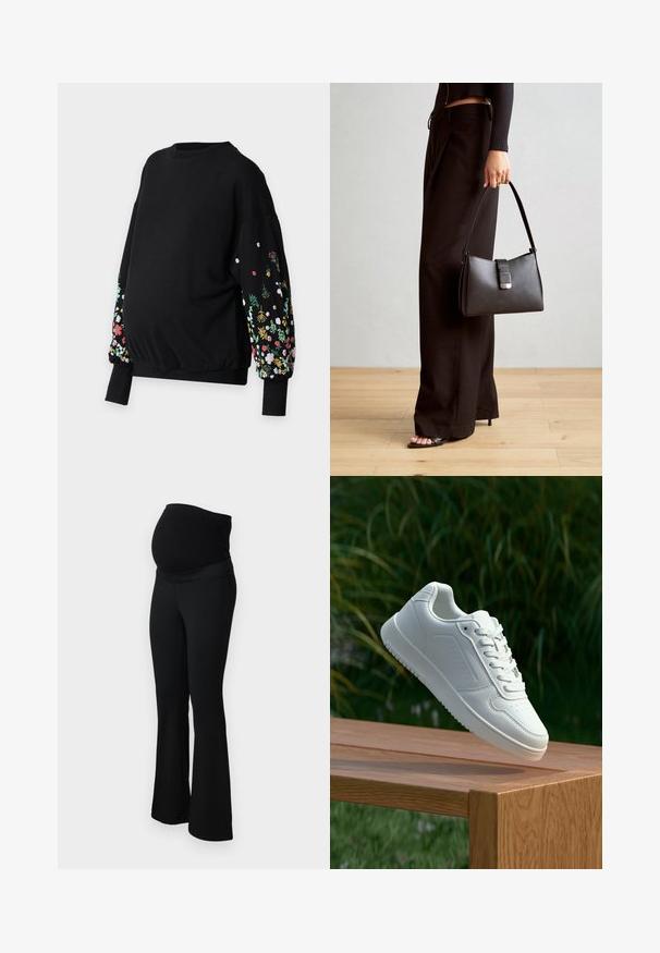 ONLY MATERNITY OLMBROOKE O-NECK FLOWER - Bluză de molton - black; ONLY MATERNITY OLMPAIGE - Pantaloni - black; Sneaker alb cu un upper sintetic neted, cu vârf perforat, șireturi plate și o talpă texturată, expus pe o suprafață de lemn.; Genți negre cu o formă structurată, textură netedă și un închizător metalic. Asortată cu pantaloni negri largi și sandale cu vârf deschis pe un podea din lemn.