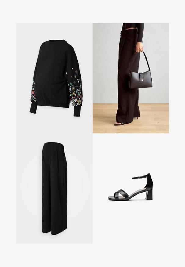 ONLY MATERNITY OLMBROOKE O-NECK FLOWER - Collegepaita - black; Vero Moda Maternity VMMBECKY SUPER WIDE PANTS - Housut - black; Musta avotossu, jossa on ristikkäiset hihnat, säädettävä nilkkaremmi ja paksu korko, painottuen sileään nahkatextuuriin.; Musta käsilaukku, jossa on rakenteellinen muoto, sileä pinta ja metallinen solki. Yhdistetty leveisiin mustiin housuihin ja avonaiheisiin sandaaleihin puulattialla.