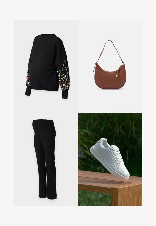 ONLY MATERNITY OLMBROOKE O-NECK FLOWER - Sweatshirt - black; ONLY MATERNITY OLMHALLE - Trousers - black; White sneaker with a smooth synthetic upper, perforated toe box, flat laces, and a textured sole, displayed on a wooden surface.; Brown faux leather shoulder bag with curved shape, minimal stitching, and a gold-tone hardware accent. Features a top zipper closure and adjustable strap.