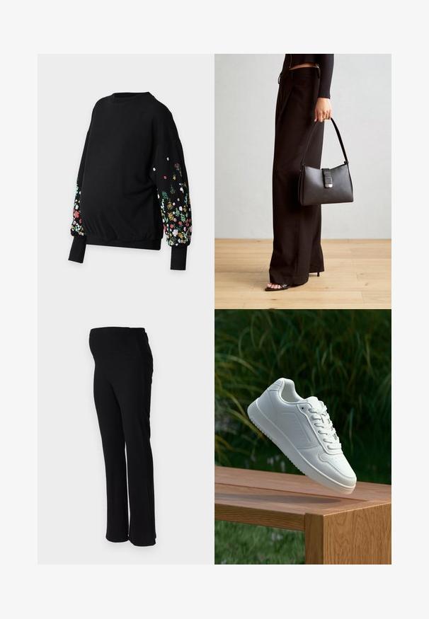 ONLY MATERNITY OLMBROOKE  O-NECK FLOWER - Pusa - black; ONLY MATERNITY OLMHALLE - Püksid - black; Valged sneakerd, millel on sile sünteetiline ülemine osa, väikeste aukudega varvaskast, lamedad paelad ja tekstuuriga tald, eksponeeritud puidust pinnal.; Must musta kott, millel on struktureeritud kuju, sile tekstuur ja metallist klamber. Kombineeritud laiate mustade pükstega ja avatud varvaste sandaalidega puidust põrandal.