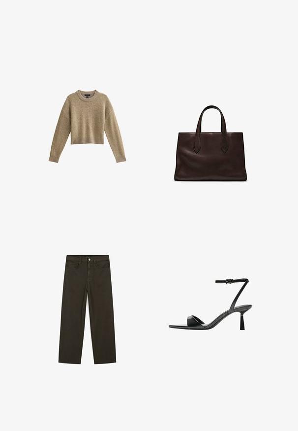 Beżowy krótki sweter z długimi rękawami, okrągłym dekoltem, teksturowanym materiałem i ściągaczem na dole. Odpowiedni do codziennego noszenia.; Ciemnozielone spodnie dżinsowe typu wide-leg wykonane z mieszanki bawełny, z zamkiem na guzik z przodu, pięcioma kieszeniami i klasycznym przeszyciem dżinsowym.; Bershka - Sandały na obcasie; Brązowa skórzana torba tote z dwoma wydłużonymi uchwytami, usztywnionym prostokątnym kształtem, gładką teksturą i subtelnymi detalami przeszycia.