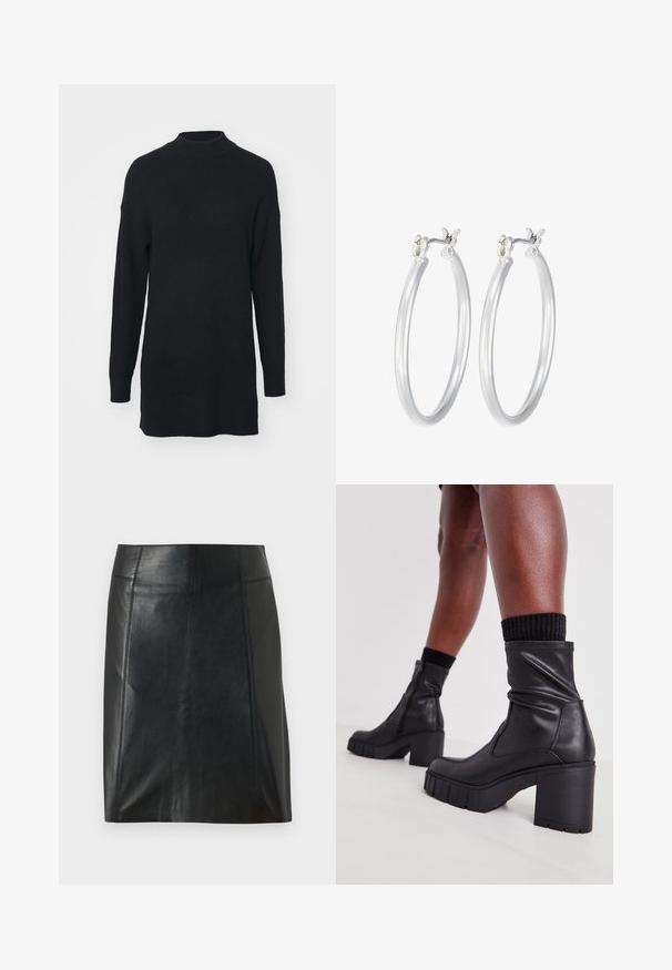 Mustan nööriga kootud sviiter kõrge kaelusega, pikkade varrukatega ja lõdva lõikega, millel on veidi pikem tagumine serv.; Mustast nahast seelik, millel on kohandatud disain. Sile tekstuur, õmblused, mis rõhutavad vormi, ja sirge äär. Minimalistlik ja stiilne välimus.; Mustad nahast pahkluu saapad, millel on voltimisega disain, robustne kõrge konts ja tekstureeritud kummitald. Küljel on lukk.; Hõbedased rõngaskõrvarõngad, millel on sile, läikiv viimistlus. Ümmargune kuju ja turvaline klõpsulatus. Kerge disain, sobib igapäevaseks kandmiseks.