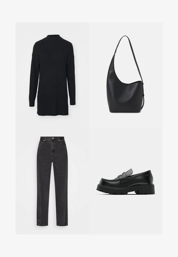 Mustan nööriga kootud sviiter kõrge kaelusega, pikkade varrukatega ja lõdva lõikega, millel on veidi pikem tagumine serv.; Sirged mustad teksapüksid kõrge vöökohaga, esi-nupp ja tõmblukk, viie taskuga stiil valgel taustal.; Mustad nahast loafers, millel on tükiline tekstureeritud tald, vampi kohal rihm ja sile, läikiv viimistlus.; Mustast nahast hobo kott, millel on sile tekstuur, kumer kuju ja üks reguleeritav rihm; peal on lai avaus.; Hõbedased rõngakõrvarõngad, millel on selged, ristkülikukujulised ja kolmnurkse kujuga kristallid, mis on paigutatud mustriga disaini. Kõrvarõngaid kinnitavad postid, et tagada kindel kinnitamine.