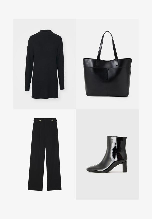 Zwarte geribbelde gebreide trui met een hoge Hals, lange mouwen en een losse pasvorm, met een iets langere achterzoom.; Zwarte wijde broek met hoge taille, knoopdetails op de tailleband en plooien aan de voorkant.; Zwarte gepolijste leren enkellaars met een spitse neus en een blokhak van gemiddelde hoogte. Glad textuur en minimalistisch ontwerp.; Zwarte leren tote bag met twee lange handvatten, een zachte textuur en een gestructureerde vorm. Voorzien van een voorvak voor extra opslagruimte.