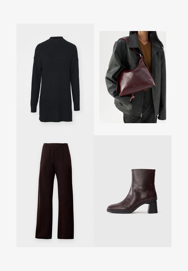 Črna rebrasta pletena majica z visokim ovratnikom, dolgimi rokavi in sproščenim krojem, ki se ponaša z rahlo daljšim zadnjim robom.; Temno rjavi široki hlače z zadrgo, gumbom za zapiranje in zanke za pas, prikazane na enostavni podlagi.; Temno rjave usnjene gležnjarje z blokastim peto in okroglo konico, prikazane na enobarvnem svetlo sivo ozadju.; Oseba v črni usnjeni jakni in rjavem topu drži temno rdečo usnjeno torbico z zlatim sponko.