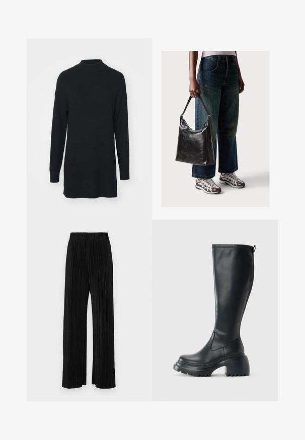 Sweater preto de malha canelada com gola alta, mangas longas e um corte descontraído, apresentando uma bainha traseira ligeiramente mais longa.; Calças pregueadas pretas com uma cintura elástica. Apresentam pernas largas e um tecido liso, texturizado com riscas verticais.; Bota preta de couro alta com sola de plataforma robusta e salto bloco, apresentando puxador e padrão texturizado na sola.; Bolsa de ombro em couro preto com textura suave e alça ajustável, combinada com jeans de perna larga desbotados e ténis desportivos.