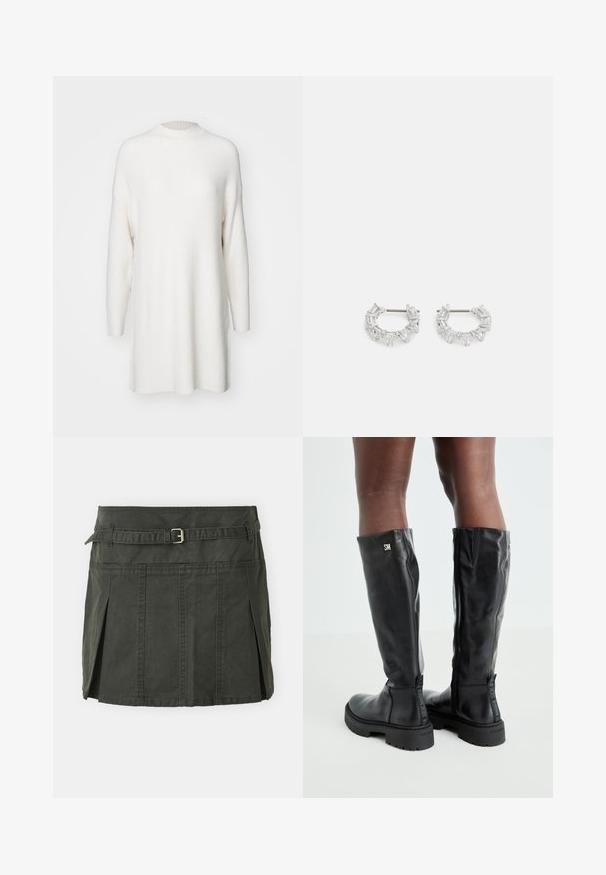 Vit, ribbad långärmad tröja med hög krage och en löst sittande, oversized passform. Mjuk textur och rak nederkant med sidoklyftor.; Mörkgrön, bomull mini kjol med en figursydd midja, ett bälte och framfall. Har stikningar och en klassisk passform.; Svarta knähöga läderstövlar med en slät textur, rund tå, kraftig sula och dragkedjestängning. Har en silverlogotyp på sidan.; Silverfärgade hoops örhängen som har klara, rektangulära och triangulära kristaller arrangerade i ett mönstrat design. Stift för säker fastsättning.