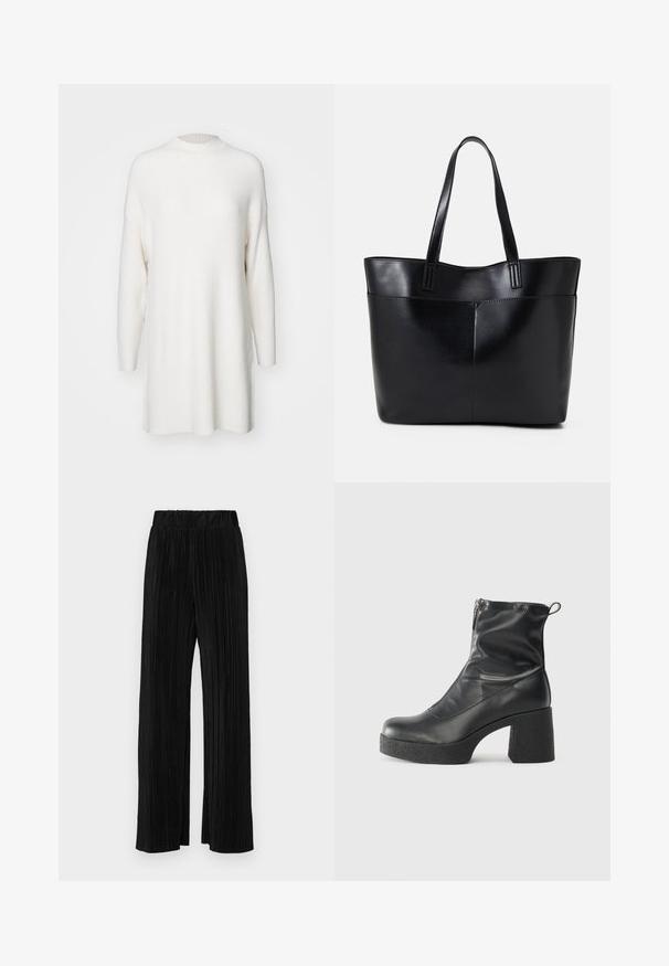 White, ribbed long-sleeve sweater with a high neckline and a loose, oversized fit. Soft texture and straight hem with side slits.; Black pleated trousers with an elastic waistband. Features wide legs and a smooth, textured fabric with vertical stripes.; Black ankle boots made of smooth leather, featuring a side zipper, chunky textured heel, and rounded toe design.; Black leather tote bag with two long handles, a smooth texture, and a structured shape. Features a front pocket for additional storage.