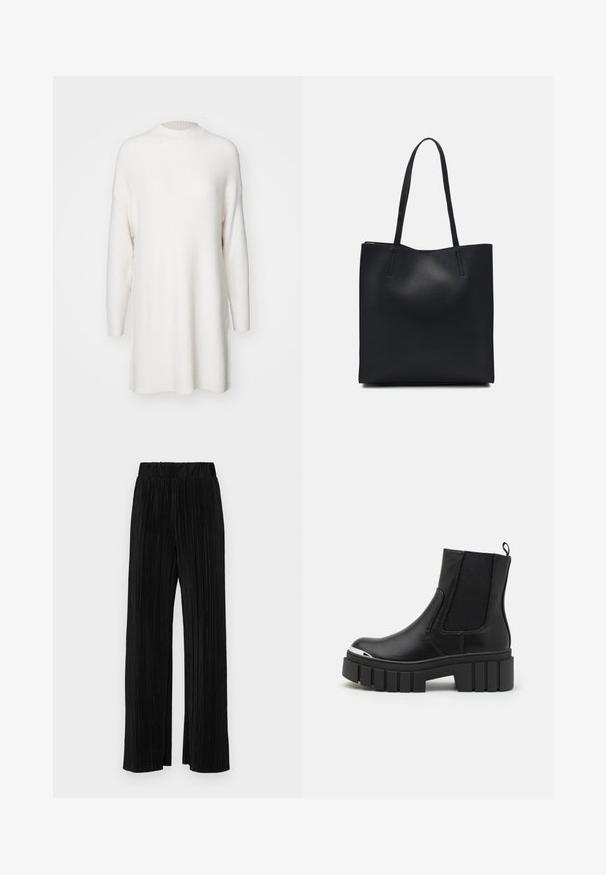 White, ribbed long-sleeve sweater with a high neckline and a loose, oversized fit. Soft texture and straight hem with side slits.; Black pleated trousers with an elastic waistband. Features wide legs and a smooth, textured fabric with vertical stripes.; Black ankle boots made of smooth leather with elastic panels, a thick platform sole, and a metallic toe cap.; Black leather tote bag with smooth texture, rectangular shape, and two long handles. No visible hardware or embellishments.