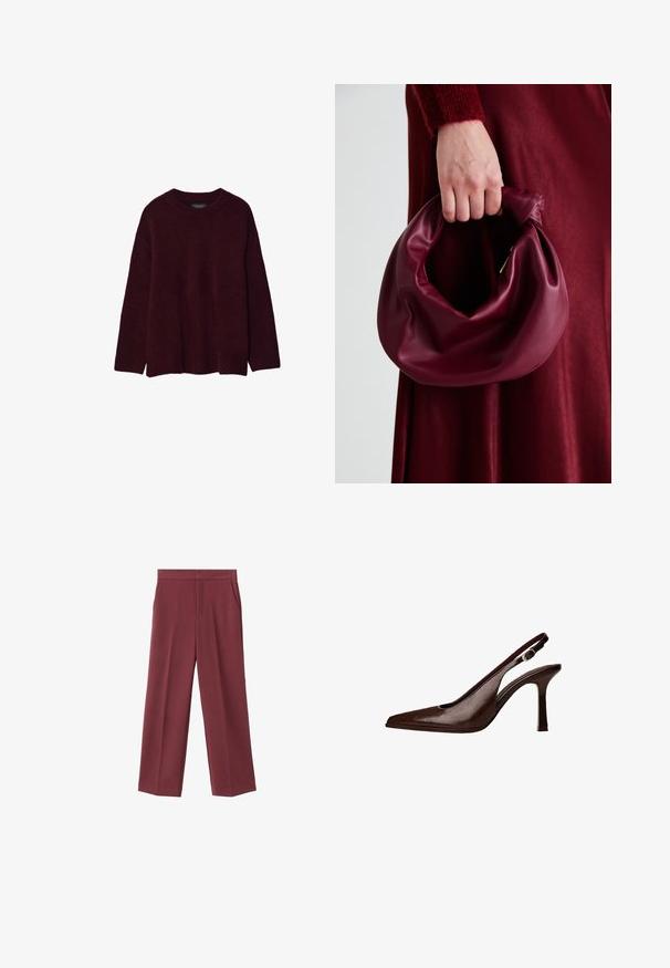 Pull bordeaux en matériau doux, doté d'un col rond et de manches longues avec une coupe décontractée, ourlet légèrement plus long à l'arrière.; Pantalons larges bordeaux avec une texture lisse, dotés de poches latérales et d'une taille haute. Taillés avec un pli avant net.; Escarpin à bride arrière en cuir brun avec un bout pointu et un talon fin. Présente une petite boucle décorative sur la sangle et une finition brillante.; Sac à main en cuir bordeaux au design doux et froncé, avec une forme arrondie. La poignée est fixée, mettant en valeur une texture lisse.