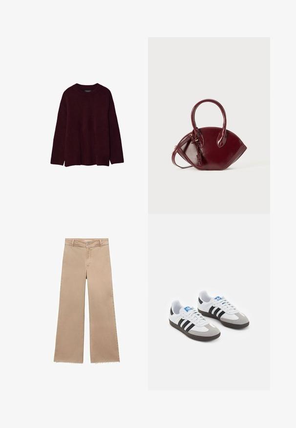 Burgundy sweater made of soft material, featuring a crew neckline and long sleeves with a relaxed fit, hemline slightly longer at the back.; Beige wide-leg jeans with a frayed hem, made from cotton. Features a button closure and belt loops, offering a loose fit and casual style.; Sport shoes with a white leather upper, gray suede toe, and three black stripes. Features a blue logo on the tongue and a textured rubber sole.; Burgundy leather handbag with a rounded shape, two short handles, zip closure, and knotted detail on the handle. Smooth texture.