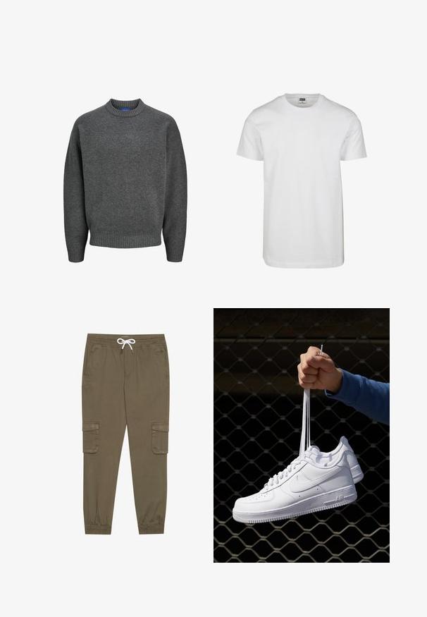 Jack & Jones JOROLLIE CREW NECK - Džemper - iron gate; Valge puuvillane t-särk ümarate kraega, lühikeste varrukate ja lõdva lõikega. Sildil on kiri "URBAN CLASSICS." Sile tekstuur, ilma mustrite või aktsentideta.; Khaki cargo püksid elastse vöökoha ja stringiga, külgtaskud ja voltidega pahkluude juures. Valmistatud tekstureeritud, kerget materjalist.; Valged nahast tennisetossud, millel on perforatsioonid, ümar nina, lame tallus ja paksud nöörid, nähtava swooshi logoga ja "AIR" kontsadel.