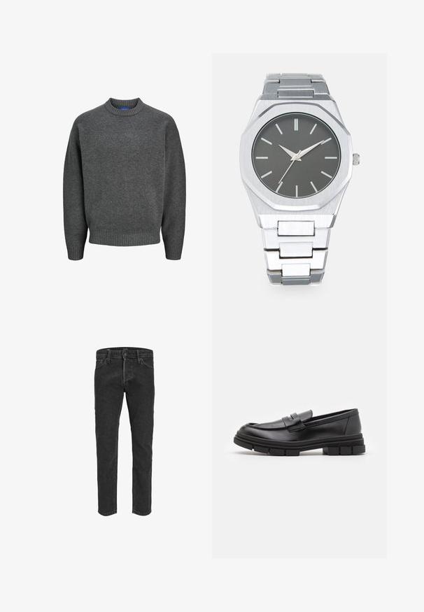 Jack & Jones JOROLLIE CREW NECK - Trui - iron gate; Zwarte denim jeans met een rechte pasvorm, vijf zakken en riemlussen, met een licht vervaagde textuur en contrasterende stiksels.; Zwarte leren instappers met een gladde afwerking, voorzien van een voorste banddetail en een stevige rubberen zool met gegroefde accenten.; Zilveren analoge horloge met een achthoekige kast, grijze wijzerplaat, zilveren uurmarkers en een bracelet van roestvrij staal. Minimalistisch ontwerp met een gladde textuur.