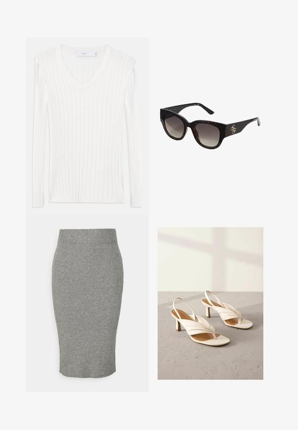 Maglietta a maniche lunghe bianca in maglia a coste con scollo a V. Tessuto morbido e design aderente. Presenta linee verticali sottili e spacco laterale.; Gonna a tubino grigia a coste in maglia con silhouette aderente, dotata di una cintura elastica e una texture morbida. Design di lunghezza media.; Décolleté bianche in pelle con design anteriore attorcigliato, punta aperta e tacco blocco di altezza media. Texture liscia e accenti minimi.; Occhiali da sole tartarugati con montatura rettangolare oversize, lenti a gradiente e logo dorato sulla asta. Materiale plastico liscio.