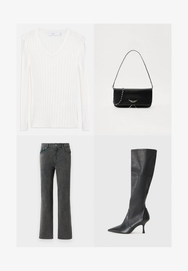 Maglietta a maniche lunghe bianca in maglia a coste con scollo a V. Tessuto morbido e design aderente. Presenta linee verticali sottili e spacco laterale.; Jeans a zampa d'elefante in denim grigio con lavaggio sbiadito, cinque tasche, passanti per cintura e chiusura a un pulsante. Tessuto morbido e design a gamba dritta.; Stivali neri in pelle al ginocchio con punta affusolata e tacco a stiletto sottile. Texture liscia con design aderente e cuciture lungo il bordo superiore.; Borsa a mano in pelle nera con una tracolla in catena argento, caratterizzata da decorazioni a forma di ali e cuciture bianche lungo la cucitura inferiore.