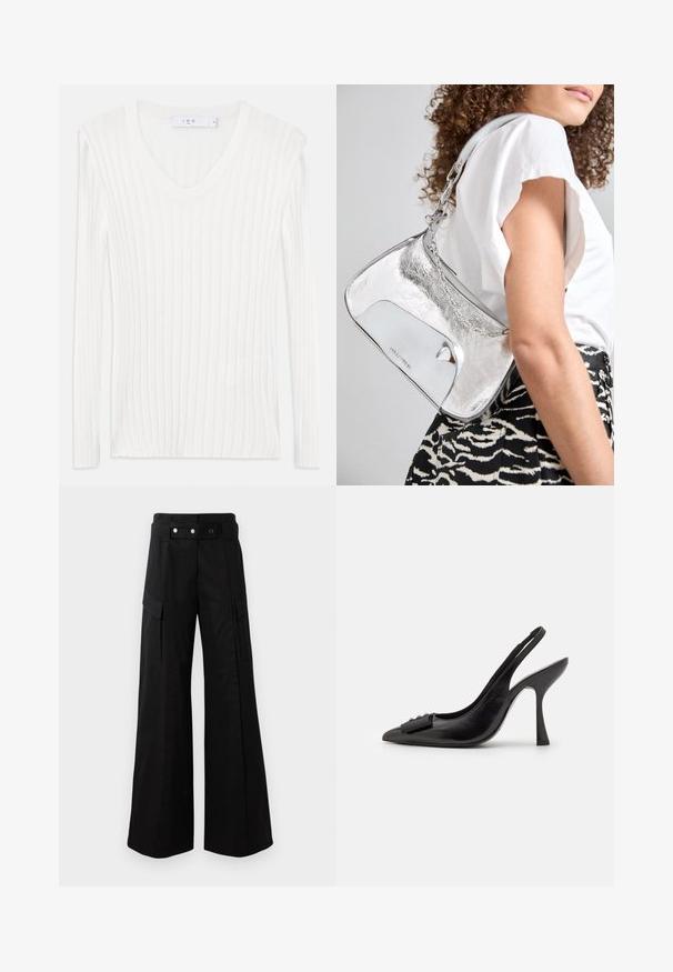 Top de punto acanalado blanco de manga larga con escote en forma de V. Textura suave y diseño ajustado. Presenta líneas verticales sutiles y aberturas laterales.; Pantalones anchos negros de cintura alta, con grandes bolsillos laterales, dos botones frontales y un detalle de lazo. Hechos de un tejido resistente.; Zapato slingback de piel negra con punta afilada, tacón alto delgado y un lazo decorativo. Textura suave y diseño elegante.; Bolso de hombro metálico plateado con una textura suave, diseño curvado, correa de cadena y un panel frontal pulido que presenta un sutil grabado de logo.
