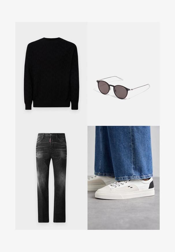 Maglione nero con un motivo testurizzato, collo rotondo, maniche lunghe e polsini e orlo a costine. Realizzato in morbido materiale a maglia.; Jeans in denim nero con vestibilità dritta. Presentano aree sbiadite, leggeri segni di usura, classico design a cinque tasche e chiusura con bottone.; Sneaker bianche e nere con parte superiore in pelle liscia, dettagli testurizzati e suola bianca spessa. Presentano un classico design con lacci.; Occhiali da sole neri rotondi con lenti scure e sottili bracci in metallo. Include punte trasparenti e accenti argentati alla cerniera. Design minimalista.