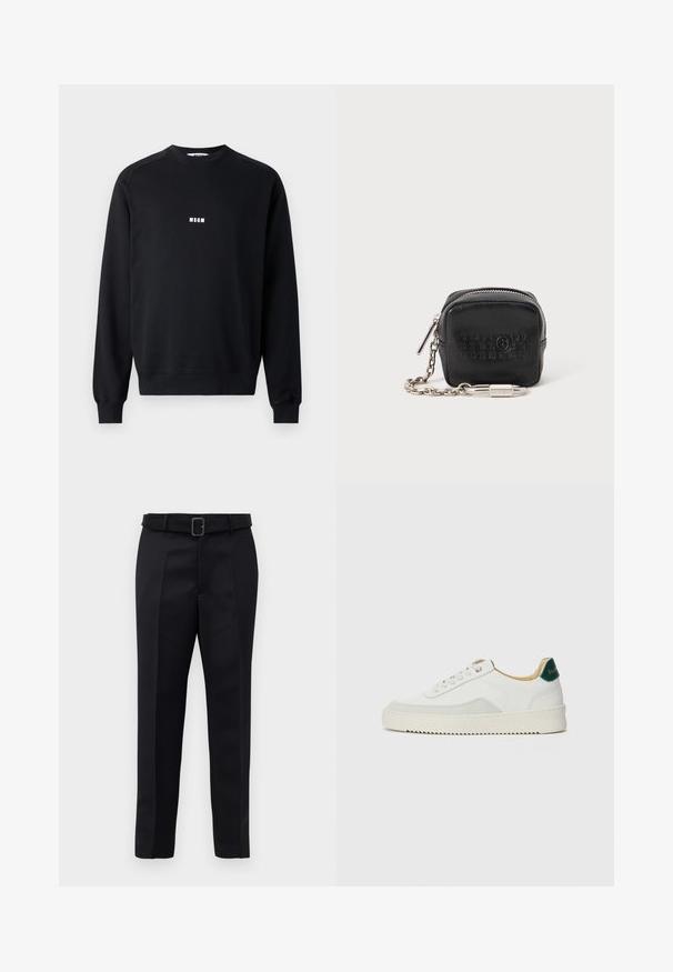Čierna mikina vyrobená z bavlnenej zmesi, s okrúhlym výstrihom, dlhými rukávmi, rebrovanými manžetami a bielym logom MSGM na hrudi.; Čierne nohavice na mieru majú hladkú tkaninu, rovný strih a opasok s obdĺžnikovou sponou. Výrazné predné skladky zvýrazňujú dizajn.; Biele tenisky s semišovými akcentmi, zaoblenou špičkou, plochými šnúrkami a krémovou gumovou podrážkou. Na päte sú zelené značky.; Čierna kožená mincovka, štvorcového tvaru, so zipsovým uzáverom, s embosovaným číselným dizajnom na prednej strane, so strieborným reťazovým pripojením a kovovými ozdobami.