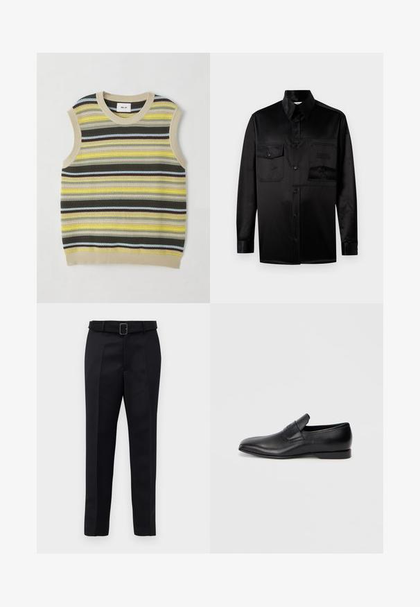 Knit sleeveless top featuring horizontal stripes in yellow, green, brown, and blue. Round neckline with ribbed beige trim. Textured fabric.; Black long-sleeve shirt made of smooth fabric. Features a pointed collar, front button closure, and two chest pockets with flap.; Black tailored trousers feature a smooth fabric, straight cut, and a belted waist with a rectangular buckle. Notable front creases enhance the design.; Black leather slip-on shoe with a pointed toe, smooth texture, and subtle branding on the side. Low heel with a clean, minimal design.