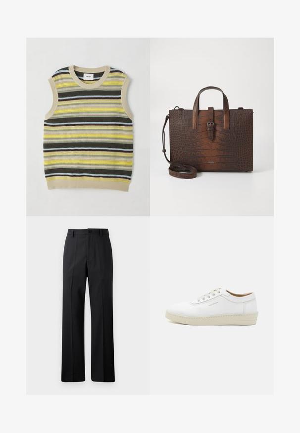 Pletený top bez rukávov s horizontálnymi pruhmi v žltej, zelenej, hnedej a modrej farbe. Okrúhly výstrih s ribovaným béžovým lemom. Textúrovaná tkanina.; Čierne nohavice s rovnými nohavicami a poutkami na opasok, s predným gombíkom a zipsovým uzáverom, vystavené na čistom bielom pozadí.; Biele kožené tenisky s textúrovaným povrchom, okrúly špička, béžová gumová podrážka a šesť sivých vystužených očiek na šnúrky, so subtílnym brandingom na boku.; Hnedá kabelka z kože s embosovaným vzorom krokodíla, vybavená hornými držadlami a odnímateľným ramenným popruhom. Má prackové zapínanie a obdĺžnikový tvar.