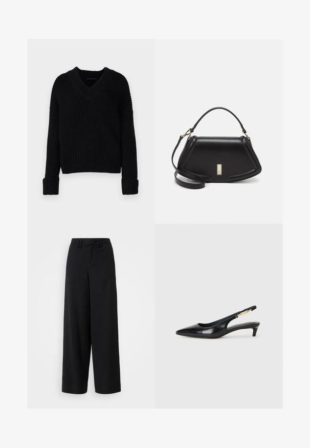 A fekete bordázott kötött pulóver v-kivágással és hosszú ujjakkal rendelkezik, amelynek ujja paplanos kivaródású. Puha, textúrált anyagból készült.; Fekete, széles szárú nadrág sima anyagból, lapos elejű kialakítással, redőzött részletekkel és övhurkokkal a derékrészen.; Fekete bőr slingback magassarkúk, hegyes orral, vékony sarkakkal és arany színű részlettel a állítható pánton. Simа felület.; Fekete bőr kézitáska, strukturált dizájnnal, rövidített formával, felső fogantyúval és arany színű kiegészítőkkel. Állítható vállpánt is tartozik hozzá.