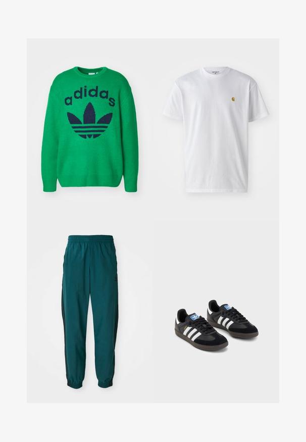 adidas Originals CREW NECK - Pulóver - green/night indigo; Fehér pamut póló rövid ujjakkal, kerek nyakkal, bal mellel egy kis arany logóval. Puha tapintású és normál fazonú.; Teal színű sportnadrág, zsinórral állítható derékkal, rugalmas mandzsettákkal és fekete oldalsávokkal. Könnyű anyagból készült, csípőnél elhelyezett logóval.; Fekete sportcipők, velúrból és szintetikus anyagból készült felsőrésszel, három fehér csíkkal, textúrázott gumitalppal és kék logó címkével a nyelvén.