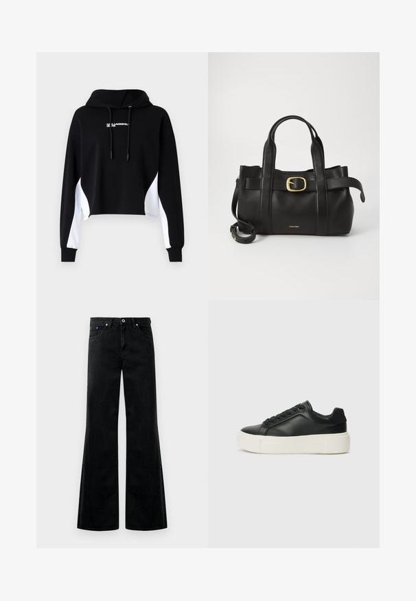 Black cropped hoodie with white side panels, drawstring hood, and front lettering. Made from soft fabric; features long sleeves and ribbed cuffs.; Black denim flared jeans with a high waist, five-pocket design, and visible stitching details. Smooth texture with a slight sheen.; Black leather sneaker with a rounded toe, white platform sole, and black laces. Features a subtle logo on the heel and smooth texture.; Black leather handbag featuring a structured design, dual top handles, gold-tone buckle accent, and embossed brand logo at the front.