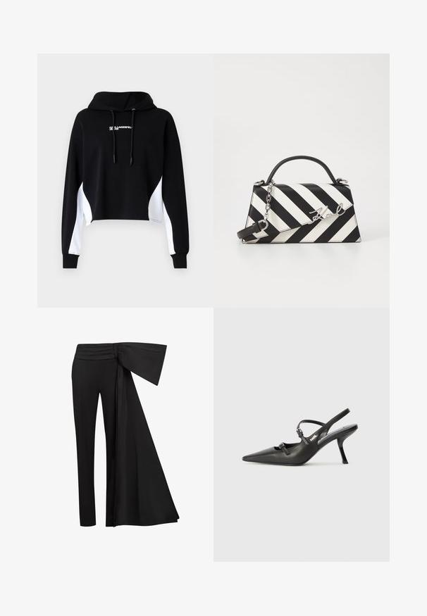 Hoodie cropped nero con pannelli laterali bianchi, cappuccio con cordino e scritta frontale. Realizzato in tessuto morbido; presenta maniche lunghe e polsini a coste.; Pantaloni neri con un ampio dettaglio a fascia drappeggiata in vita. Tessuto liscio, taglio dritto e cintura plissettata.; Scarpe slingback nere in pelle con punta affilata, tacco sottile e dettaglio decorativo a fibbia sulla tomaia. Texture liscia e design elegante.; Borsa a righe bianche e nere con una forma strutturata, dotata di manico superiore, tracolla a catena staccabile e dettaglio logo metallico.