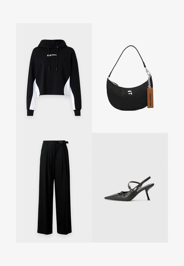 Černá zkrácená mikina s bílými bočními panely, kapucí na šňůrku a potiskem vpředu. Vyrobena z měkké tkaniny; má dlouhé rukávy a zakončení na manžetách.; Černé široké kalhoty s vysokým pasem, záhyby vpředu a páskem s přezkou. Vyrobené z hladké, lehké tkaniny.; Černé kožené lodičky na boku s špičatou špičkou, štíhlým podpatkem a dekorativní přezkou na nártu. Hladká textura a elegantní design.; Černá kožená kabelka s tvarovanou texturou, zakřiveným tvarem, horním zipovým uzavřením, stříbrnými kovovými doplňky a hnědou visačkou. Obsahuje akcent s logem.