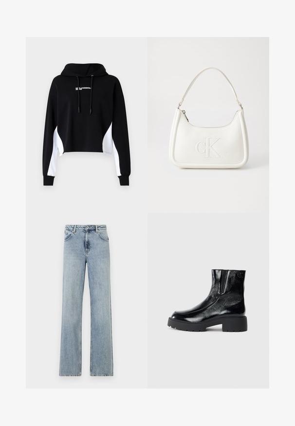 Juodas trumpas džemperis su baltais šonais, su raištelių gaubtu ir priekyje užrašu. Pagamintas iš minkštos medžiagos; turi ilgas rankoves ir raukšlėtus užtrauktukus.; Šviesiai mėlynos, plačios kojos džinsai, pagaminti iš džinsinio audinio. Turi mygtuką ir užtrauktuką, priekinės kišenės ir subtilų nudilimą. Švarūs kraštai.; Juodi kulkšniniai batai su blizgia lakuota oda, storu juodu guminio pado ir pakeltu kulnu; šone yra subtilus logotipo detalė.; Balta odinė rankinė su išlenkta forma, su reljefiniu "CK" logotipu priekyje ir viena petneša. Užtrauktuko uždarymas viršuje.