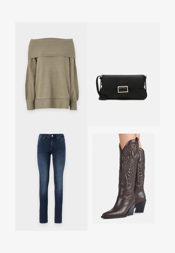 Maglione verde oliva con scollo asimmetrico, polsini e orlo a costine, realizzato in un morbido tessuto testurizzato e dal design morbido.; Top senza maniche bianco realizzato in tessuto a coste, caratterizzato da un collo arrotondato e una silhouette aderente, con cuciture minime e senza decorazioni.; Jeans skinny blu scuro in denim, caratterizzati da un classico design a cinque tasche, chiusura con bottone e leggere sfumature sulle cosce.; Stivali da cowboy in pelle marrone con punta affusolata e tacco a blocco, caratterizzati da dettagliati ricami e accenti rialzati sul gambale.; Borsa a mano in pelle nera con patta e dettaglio in metallo dorato. Include una tracolla nera e un design elegante e minimalista.; Orecchini a cerchio in argento con un design torciglionato, caratterizzati da una finitura lucida e chiusura a perno. Misurano circa 3 cm di diametro.