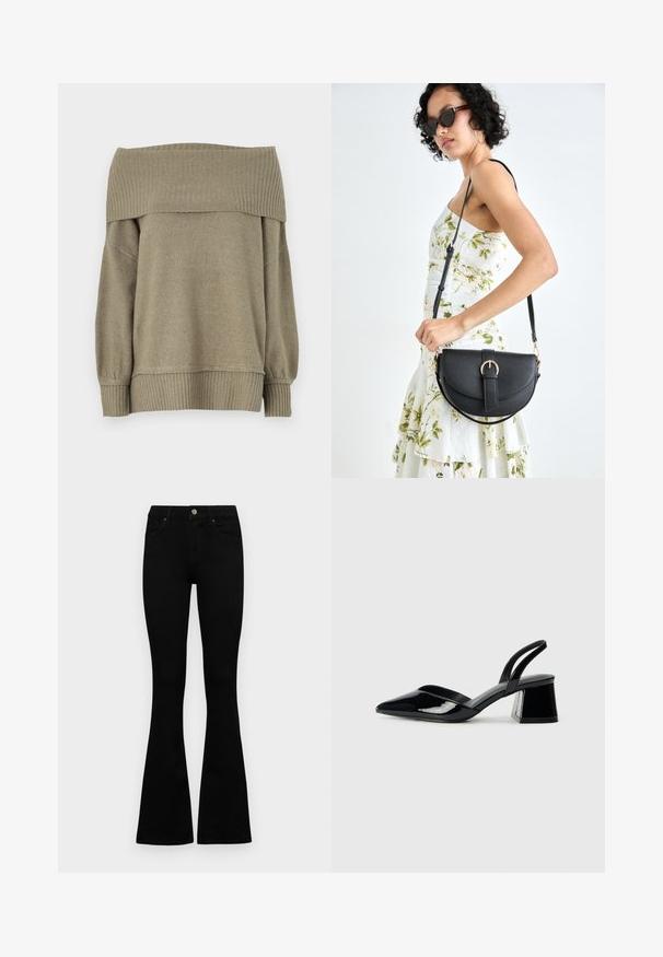 Váll nélküli, olíva zöld pulóver bordázott mandzsettákkal és hem-el, puha, texturált anyaggal és laza fazonnal.; Fekete, magas derekú farmernadrág gomb- és cipzárzárral, elülső zsebekkel és harangszárral, laposan egy fehér háttérre terítve.; Fekete lakk bőr szandálkés magas sarkú cipő, hegyes orral és geometrikus tömbsarkakkal. Karcsú, minimalista dizájn és sima textúra jellemzi.; Fekete bőrtáska ívelt formával, levehető pánttal és arany színű fémrészekkel. A táskán egy csattal díszített fedél található.