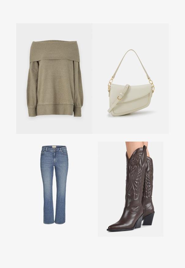 Pull olive vert à épaules dénudées avec des poignets et un ourlet côtelés, présentant un tissu doux et texturé et un design ample.; Jeans en denim bleu moyen, coupe droite, avec fermeture à boutons et à glissière à l'avant, passants de ceinture, et poches avant et arrière.; Bottes de cowboy en cuir marron avec un bout pointu et un talon bloc, présentant des coutures détaillées et des accents en relief sur la tige.; Petit sac à main crème avec une finition texturée, une longue sangle réglable, un accent en chaîne et une fermeture à rabat. Détails en matériel doré.; Boucles d'oreilles en argent en forme de créoles avec un design torsadé, dotées d'une finition polie et d'une fermeture à poussoir. Mesurent environ 3 cm de diamètre.