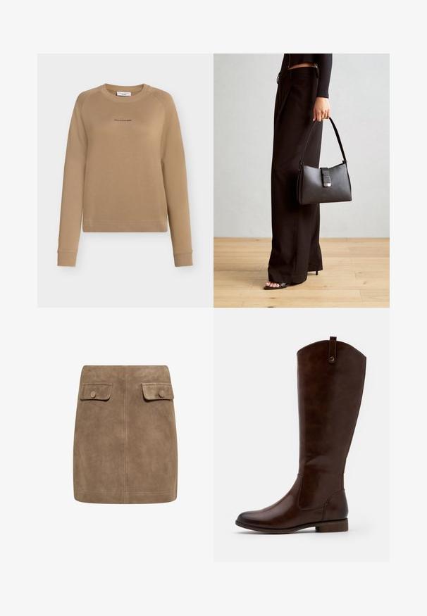 Beige sweatshirt met lange mouwen, ronde hals en raglannaden. Voorzien van een subtiel logo in een donkerdere tint aan de voorkant. Soepele textuur.; Bruine suède mini-jurk met een gladde textuur, voorzien van twee voorflapzakken en knoopsluitingen aan elke kant. Eenvoudig, recht ontwerp.; Bruine kniehoge laarzen van soepel leer, met een ronde neus, lage gestapelde hak en een subtiel stikselpatroon langs de zijkanten.; Zwarte handtas met gestructureerde vorm, gladde textuur en een metalen sluiting. Gecombineerd met brede zwarte broeken en sandalen met open teen op een houten vloer.