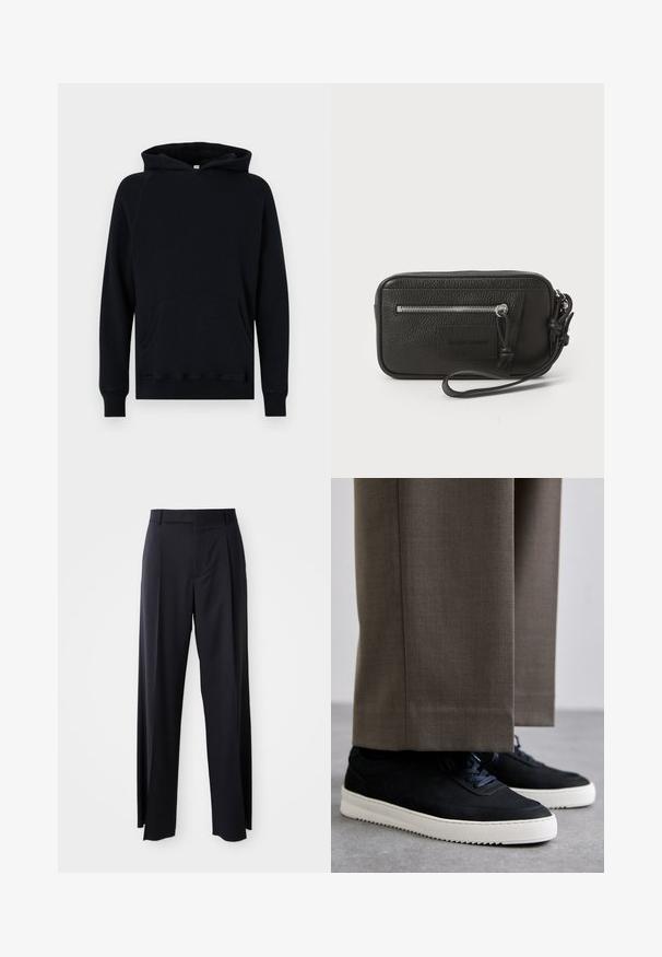 Sweatshirt de algodão preto com um bolso canguru, mangas longas e capuz com cordão. Punhos e bainha canelados, tecido texturizado. Corte clássico.; Calças pretas de cintura alta, com corte amplo, feitas de um tecido suave. Apresentam pregas frontais e passadores para cinto. Design minimalista, sem hardware visível.; Sapatilhas de camurça pretas com solas de borracha brancas, apresentando um bico arredondado e atacadores, usadas com calças cinzas ajustadas.; Clutch preta em pele com superfície texturizada, bolso frontal com fecho e strap de pulso destacável. Apresenta um logotipo na parte frontal. Forma retangular.