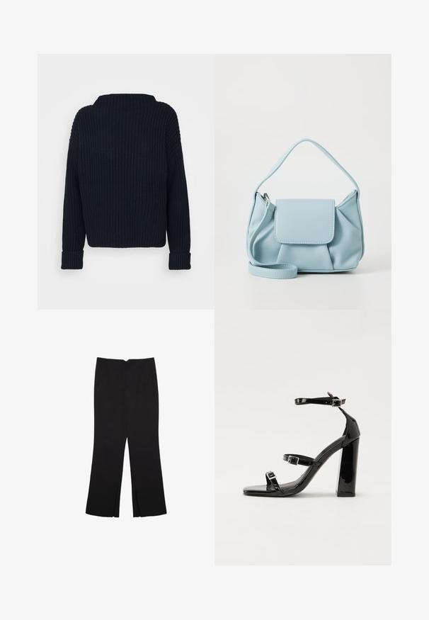Temno modra pletena jopica z visokim izrezom, ribasto teksturo in dolgimi rokavi z zavihanimi manšetami. Sproščen kroj.; Črne hlače ravnega kroja z naglavnimi žepi in stranskimi razporki na robu. Narejene iz mehke, gladke tkanine. Primerne za različne priložnosti.; Črne lakirane sandale s peto, kvadratnim prstom, trakovi okrog gležnja in srebrnimi zaponkami. Opremljene so s stabilno Debelo peto.; Svetlo modra usnjena torbica z zgornjim ročajem, sprednjim žepom s preklopom in odstranljivim zapestnim trakom na beli podlagi.