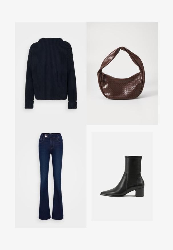 Maglione a maglia blu navy, con un collo alto, texture a costine e maniche lunghe con polsini arrotolati. Vestibilità complessiva rilassata.; Jeans a palazzo blu scuro con vita alta, due tasche frontali e due chiusure a bottone. Realizzati in denim con una texture liscia.; Stivale alla caviglia nero in pelle liscia, con punta appuntita, tacco a blocco e cuciture raccolte distintive lungo il bordo superiore.; Borsa in pelle intrecciata marrone con manico curvo annodato e chiusura con zip. Texture liscia e forma arrotondata.