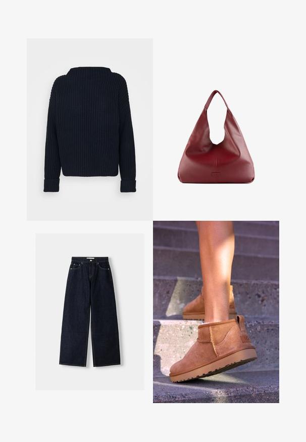 Dunkelblauer Strickpullover mit hohem Halsausschnitt, gerippter Textur und langen Ärmeln mit umgeschlagenen Bündchen. Insgesamt lockere Passform.; Dunkelblaue, weite Jeans mit hoher Taille, fünf Taschen, Kontrastnähten und silbernem Metallzubehör. Glatte Textur und saubere Verarbeitung.; Beige Wildleder-Ankelstiefel mit weicher Textur, gesteppten Details und einer Gummisohle, ausgestattet mit einer Schlaufe an der Ferse für einfaches An- und Ausziehen.; Rote Leder-Hobo-Tasche mit einem breiten, lässigen Design und einer großen Öffnung, die eine dezente Textur und ein auf der Vorderseite prägtes Logo aufweist.