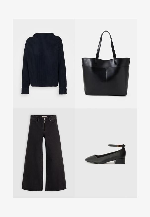 Tume sinine kootud sviiter, millel on kõrge kaelus, soonikkoes ja pikad varrukad, mille otstes on rullitud ääred. Üldine lõtv lõige.; Laiad teksad mustast denimist, millel on lukuga eesmine osa, viie taskuga disain ja peened õmblusdetailid. Sile tekstuur ja juhuslik stiil.; Must mustaapp, millel on terav nina ja madal blokk-kand. Omab pahkluu rihma koos kuldse tooni pandlaga. Sile tekstuur.; Must mustaga musta nahast, millel on kaks pikka kanda, sile tekstuur ja struktureeritud kuju. Esipoolsel on lisakoti jaoks tasku.
