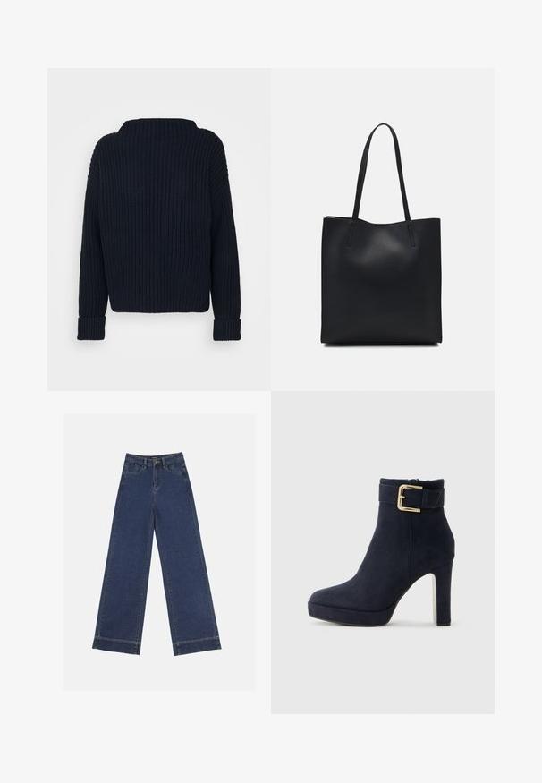 Navyblauwe gebreide sweater, met een hoge halslijn, geribbelde textuur en lange mouwen met omgeslagen boorden. Algehele relaxte pasvorm.; Wide-leg jeans in donkerblauwe denim. Voorzien van vijf zakken, riemlussen en een rauwe zoom onderaan met zichtbare stikseldetails.; Zwarte suède enkellaarsjes met hoge hak, voorzien van een gouden gespsluiting en een chunky hak, tegen een witte achtergrond.; Zwarte leren handtas met een gladde textuur, rechthoekige vorm en twee lange handvaten. Geen zichtbare hardware of versieringen.