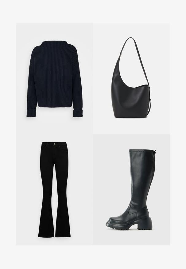 Temno modra pletena jopica z visokim izrezom, ribasto teksturo in dolgimi rokavi z zavihanimi manšetami. Sproščen kroj.; Črne visokotopne kavbojke z gumbom in zadrgo, sprednjimi žepi in razširjenimi hlačnicami, poleg bel background.; Visoka črna usnjena škornja s debelim podplatnim solejem in blok peto, opremljena s potegom in strukturiranim profilom na podplatu.; Črna usnjena hobo torba z gladko teksturo, ukrivljeno obliko in eno nastavljivo naramnico; ima širok odprtina na vrhu.