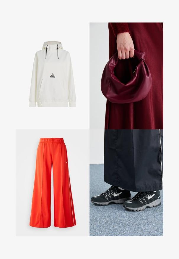 Coupe-vent blanc avec capuche, cordon de serrage, poche avant, poignets et ourlet élastiques. Présente un patch logo triangulaire sur la poitrine.; Pantalon de survêtement rouge en tissu léger avec une coupe large, taille élastique et un logo Nike blanc sur le côté.; Des chaussures de sport noires avec un dessus texturé, des accents argentés et une semelle extérieure à motifs, associées à un long vêtement noir. Présentées sur un tapis bleu.; Sac à main en cuir bordeaux au design doux et froncé, avec une forme arrondie. La poignée est fixée, mettant en valeur une texture lisse.