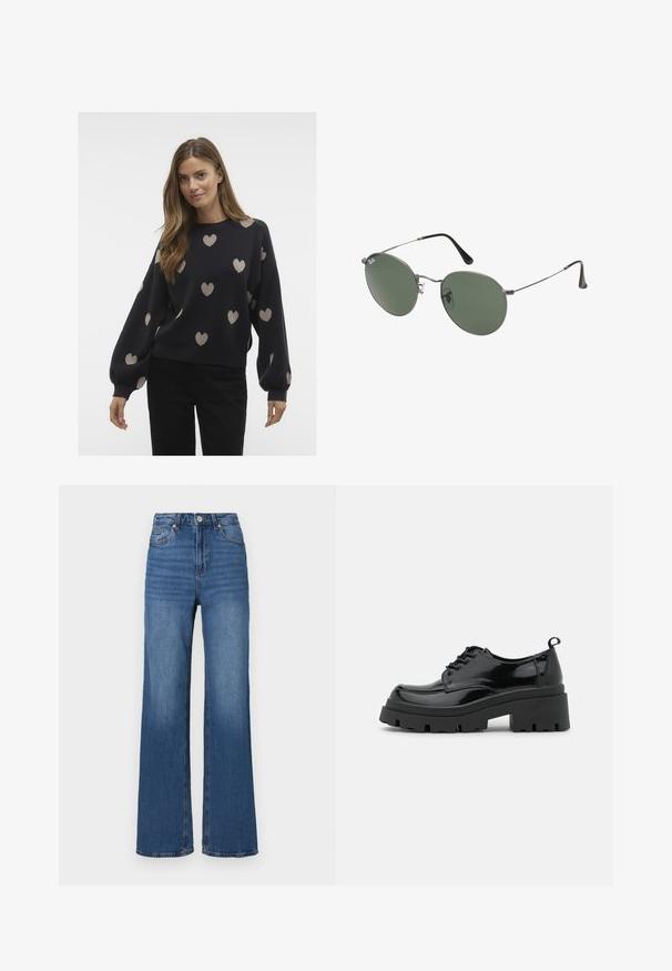 Maglione di un blu navy scuro con motivi a cuore beige. Presenta un collo rotondo, maniche lunghe a palloncino e una vestibilità comoda. Texture in maglia morbida.; Jeans blu a vita alta e gamba ampia, realizzati in denim, con un classico design a cinque tasche e un leggero sbiadimento lungo le gambe.; Scarpe in pelle verniciata nera con una suola piattaformata chunky e lacci spessi. Punta arrotondata, dettagli minimi e un piccolo tassello sul tallone sul retro.; Occhiali da sole con montatura in metallo e lenti verdi ovali. Montatura sottile in metallo argento e terminali neri. Design minimalista, senza loghi visibili.