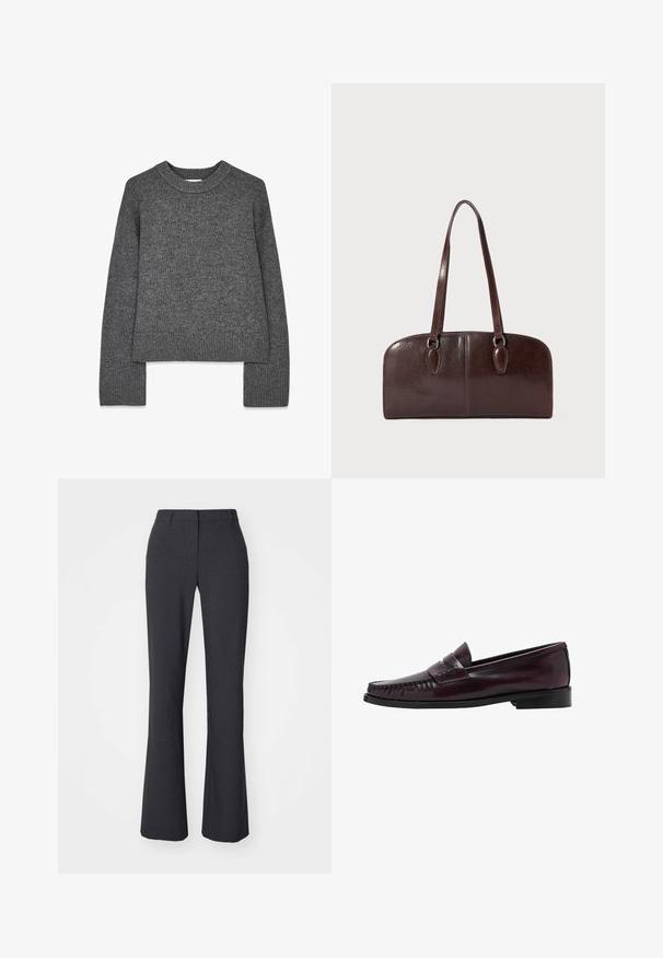 Harmaa neulepaita, jossa on pitkät hihat, pyöreä kaula-aukko, resorit hihansuissa ja helmassa. Pehmeä rakenne, jossa on hieman lyhyempi muoto.; Weekday SUITING - Housut - dark grey; Miestne tmavohnedé kožené penny loafer s čiernou podrážkou a prešívaním na špičke, zobrazené v bočnom profile.; Ruske kožne torbe s dva dugačka ručka, strukturiranog pravokutnog oblika, glatke teksture i zaobljenih rubova. Sadrži detalje s naglaskom na ručkama.