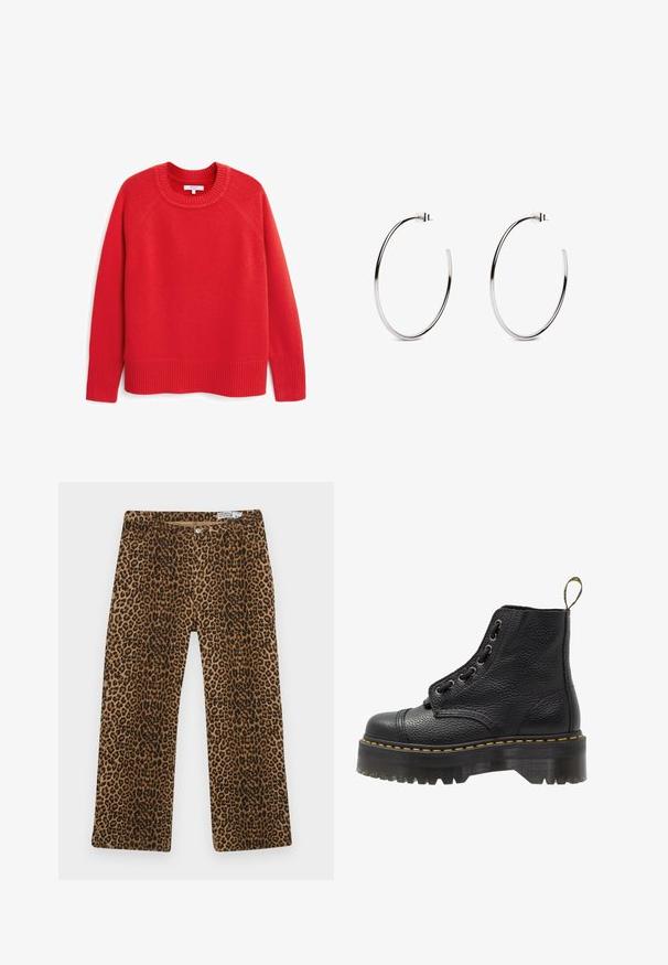 Next CREW NECK - Maglione - red; Tre magliette a maniche lunghe in nero, grigio e bianco, con scollatura a V e design cropped. Realizzate in tessuto morbido e leggero.; Pantaloni con stampa leopardata caratterizzati da un motivo marrone e nero, design a gamba dritta e stile classico a cinque tasche. Realizzati in tessuto misto cotone.; Stivale alla caviglia in pelle nera con superficie testurizzata, punta tonda, design con lacci, cuciture gialle e una suola piatta nera spessa e scanalata.; Orecchini a cerchio in argento con un design minimalista, caratterizzati da una forma circolare liscia e una finitura lucida, fissati da una chiusura a perno.